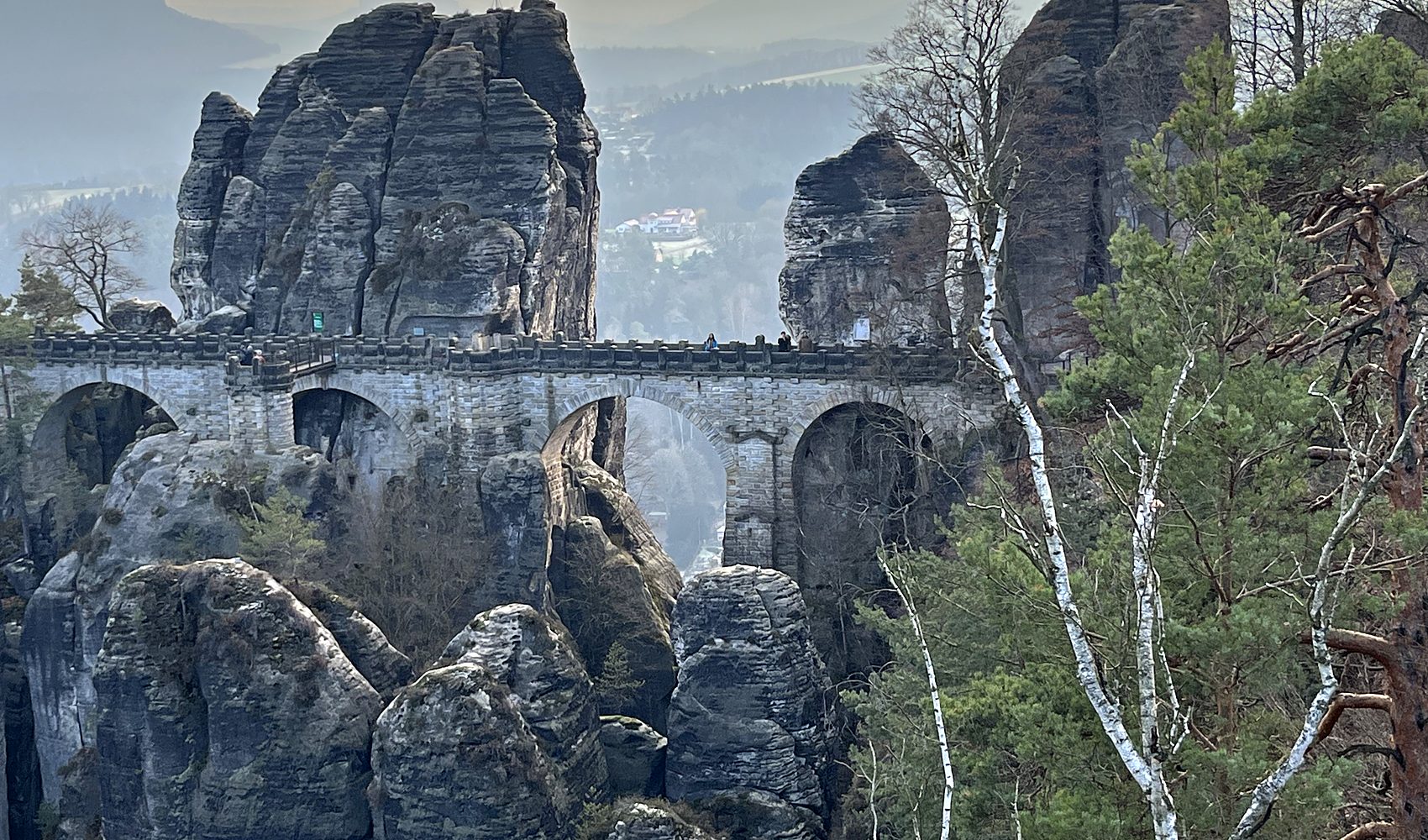 the bastei bridge (basteibrücke) above the town of rathen