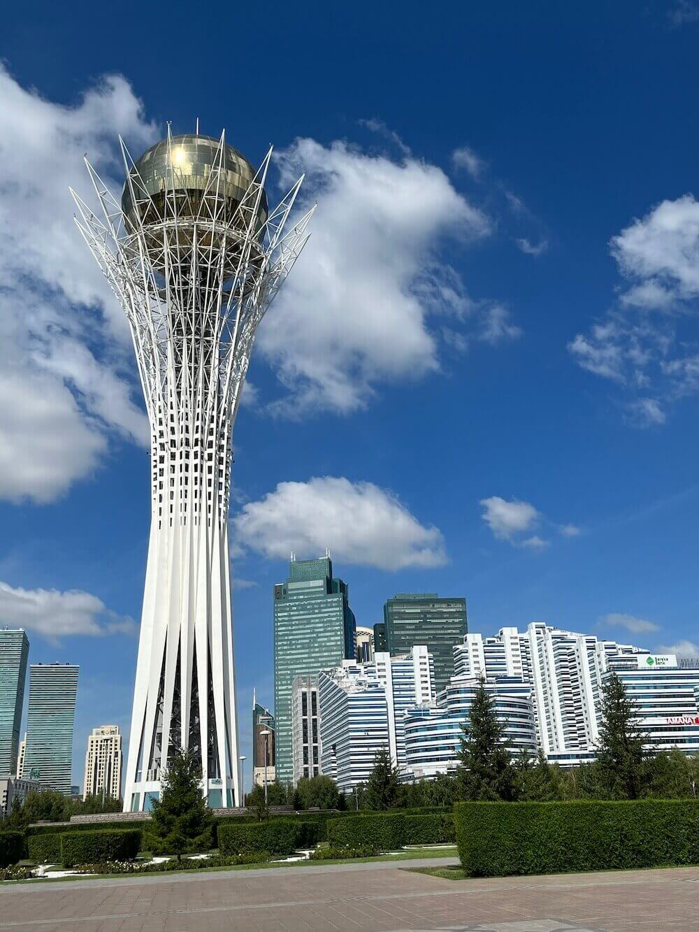 baiterek monument in astana, viewed from the ground