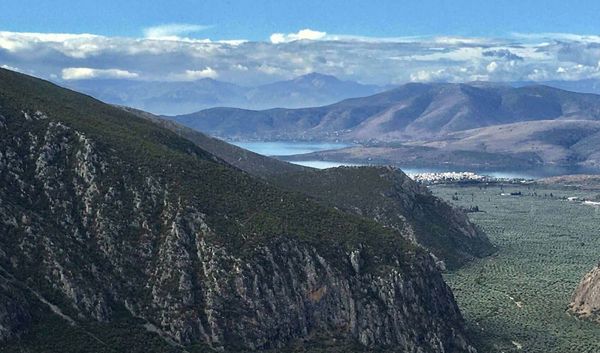 vista of date plantations and the sea from delphi